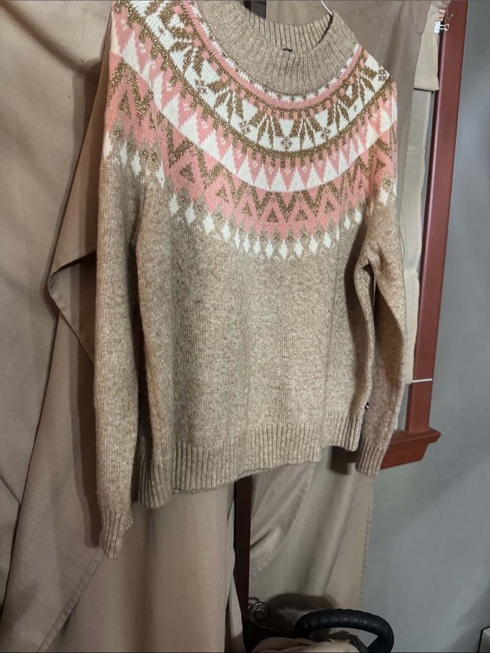 Tommy Hilfiger Beige Crewneck Sweater with Pink & Gold Fair Isle Yoke